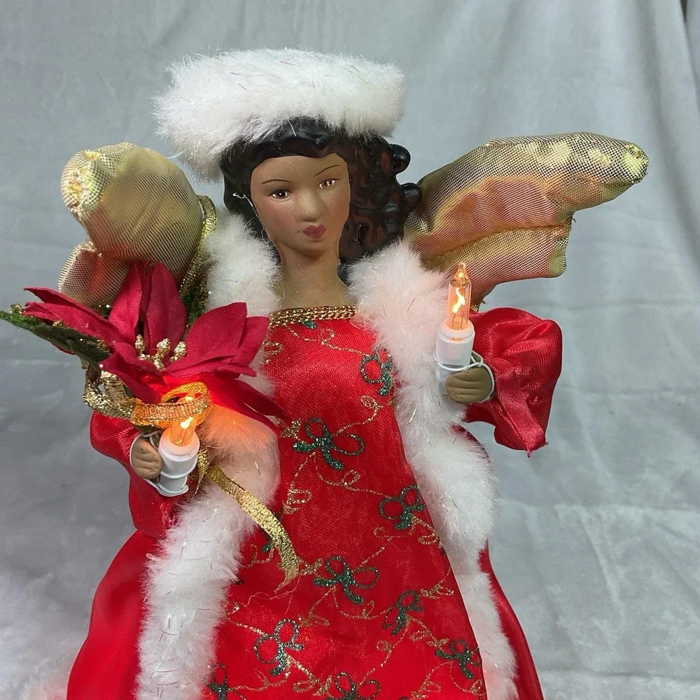 African American Lighted Angel Tree Topper Red Gold Christmas Black woman